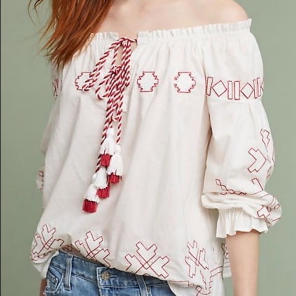 Harlyn Anthro Farina Embroidered Flowy Cotton Boho peasant tassel blouse topS - Picture 2 of 13